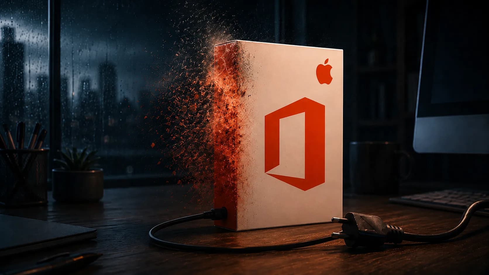 Office 2019 für Mac wird am 13. Juli 2026 abgeschaltet – auflösende Office-Box mit gezogenem Stecker